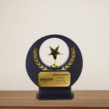 Personalised Black Wood Trophy with Metal Star - 8.5 inches