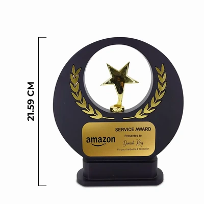 Personalised Black Wood Trophy with Metal Star - 8.5 inches