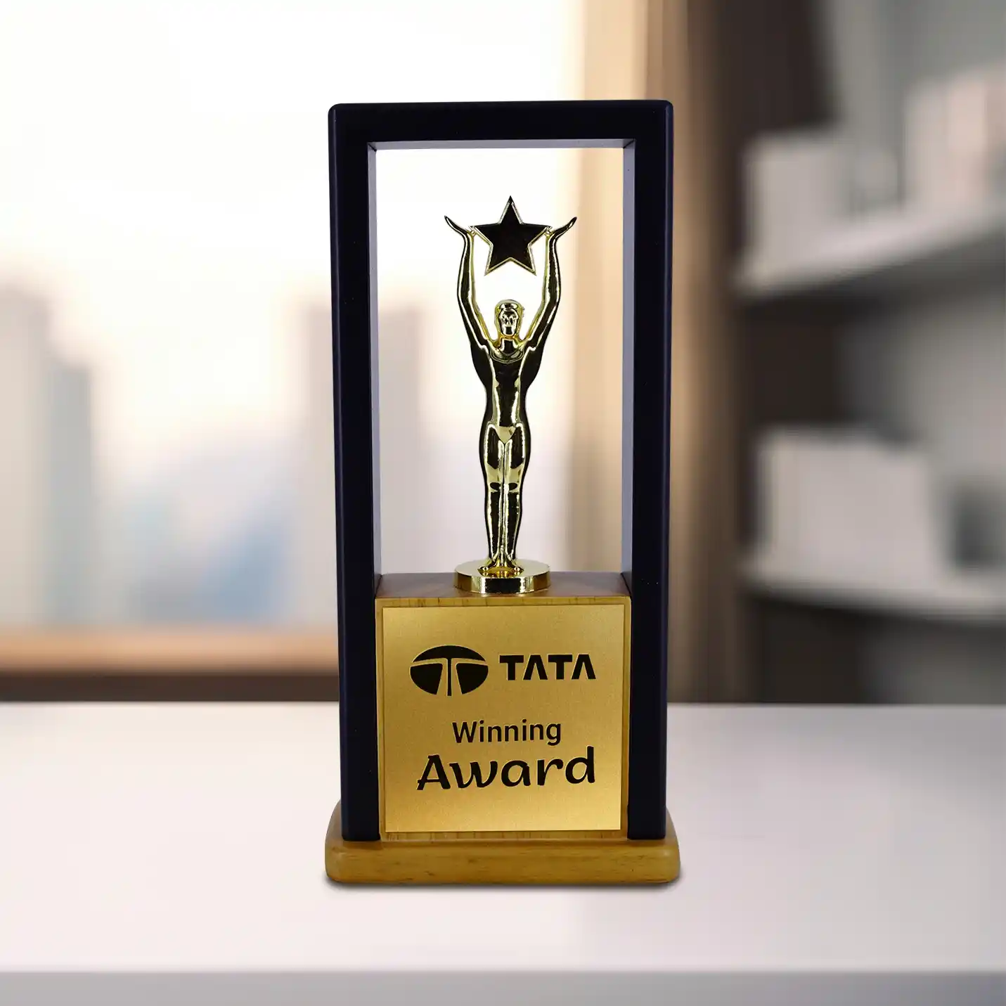 Custom bulit Wood Trophy with Metal Statue - 8 inches X 4.5 inches