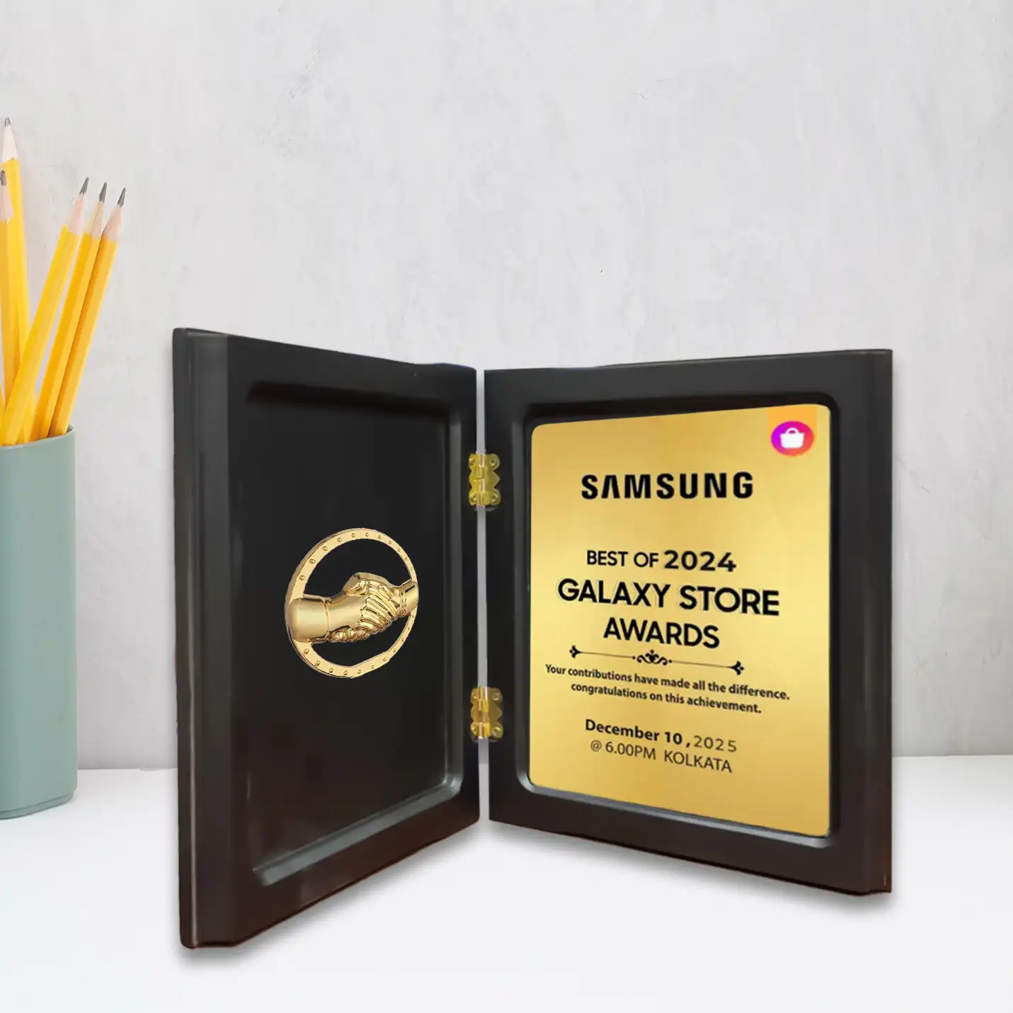 Elegant Book-Style Hand Shake Wooden Memento