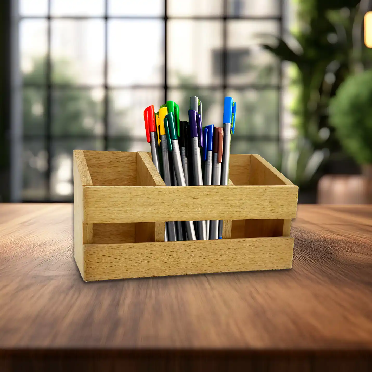 Unique Engraved Wooden Desktop Pen Stand for Office