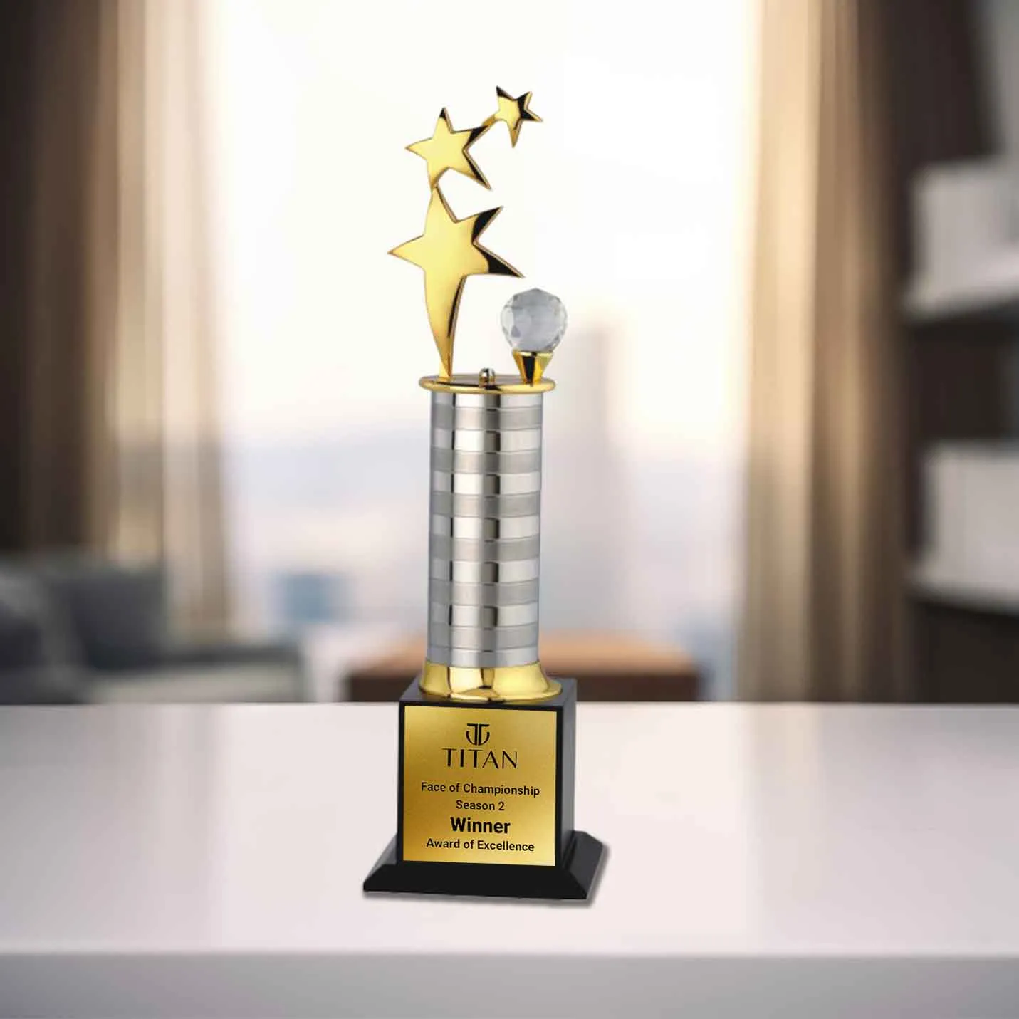 Personalised Corporate Three Star Metal Trophy (Size: 14.5 inch)