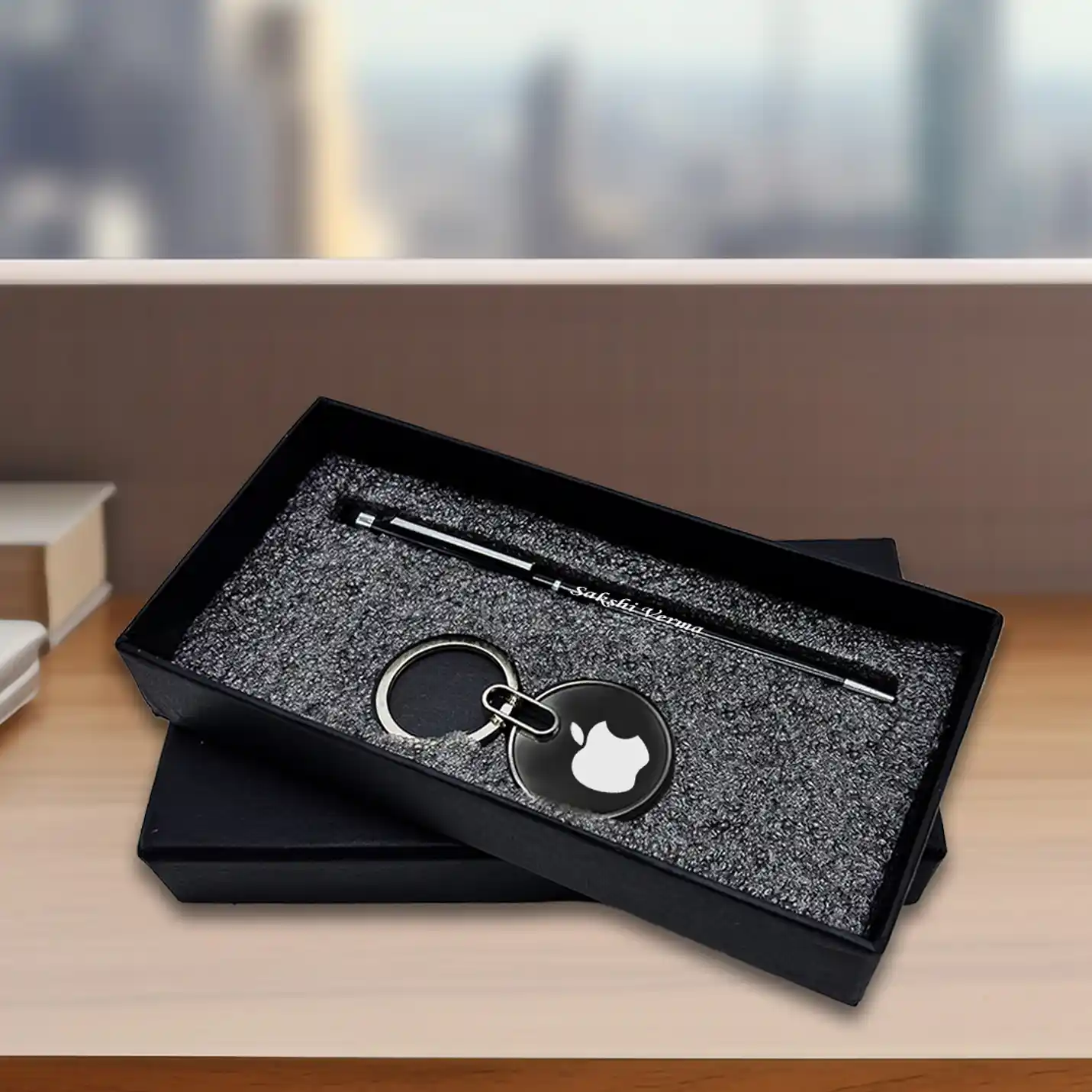 Sophisticated 2-in-1 Black Personalised Pen & Keychain Gift Set