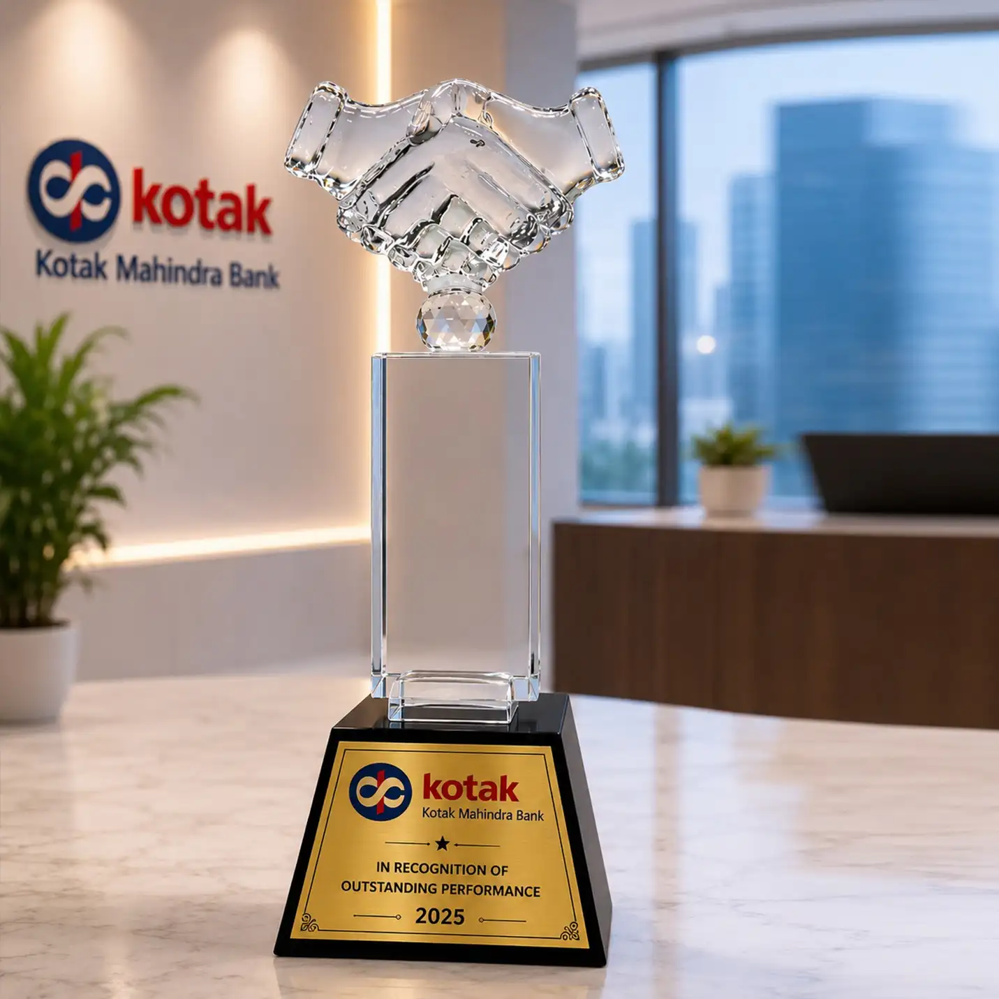 Premium Crystal Handshake Trophy with Custom Engraving