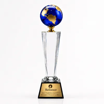 Blue Crystal Globe Trophy with Custom Engraving