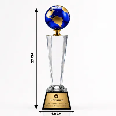 Blue Crystal Globe Trophy with Custom Engraving