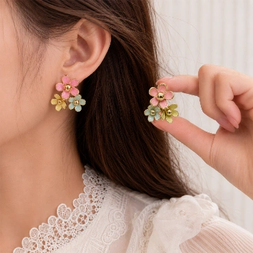 Elegant Pastel Bloom Gold-Tone Floral Earrings