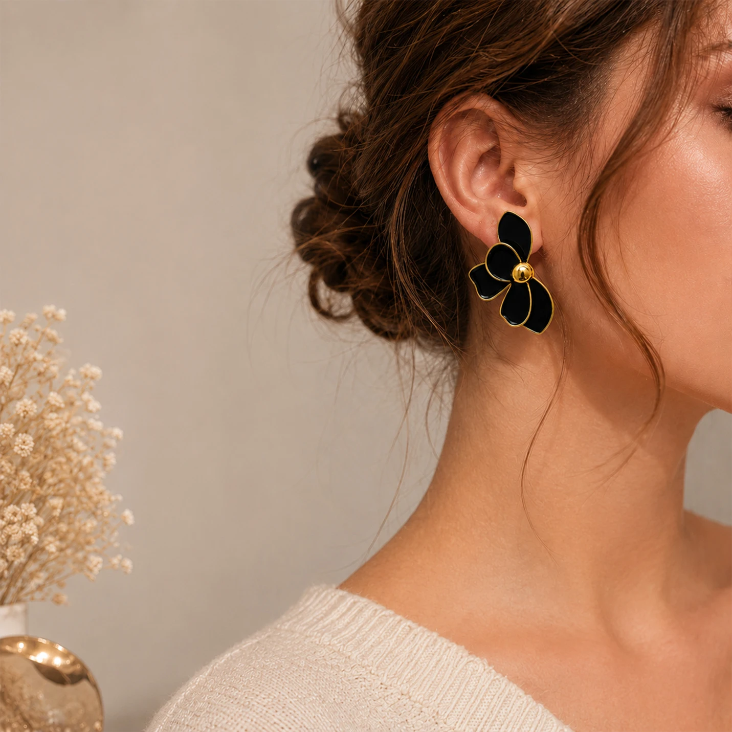 Sophisticated Black Floral Gold-Tone Statement Earrings
