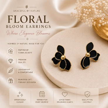 Sophisticated Black Floral Gold-Tone Statement Earrings