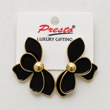 Sophisticated Black Floral Gold-Tone Statement Earrings