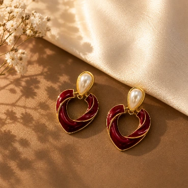 Modern Pearl &amp; Burgundy Geometric Drop Earrings