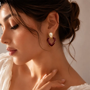 Modern Pearl &amp; Burgundy Geometric Drop Earrings