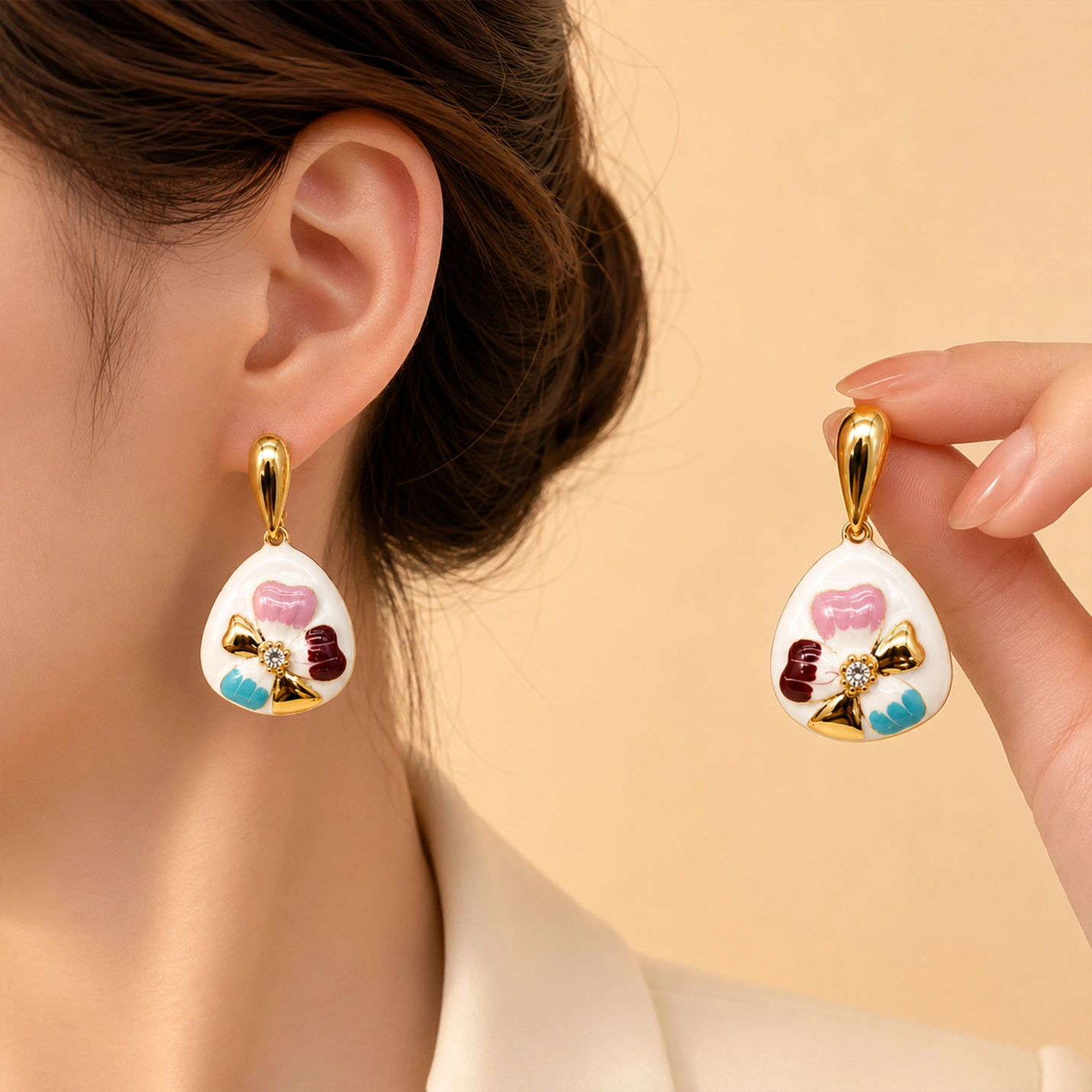 Elegant White Floral Enamel Drop Earrings
