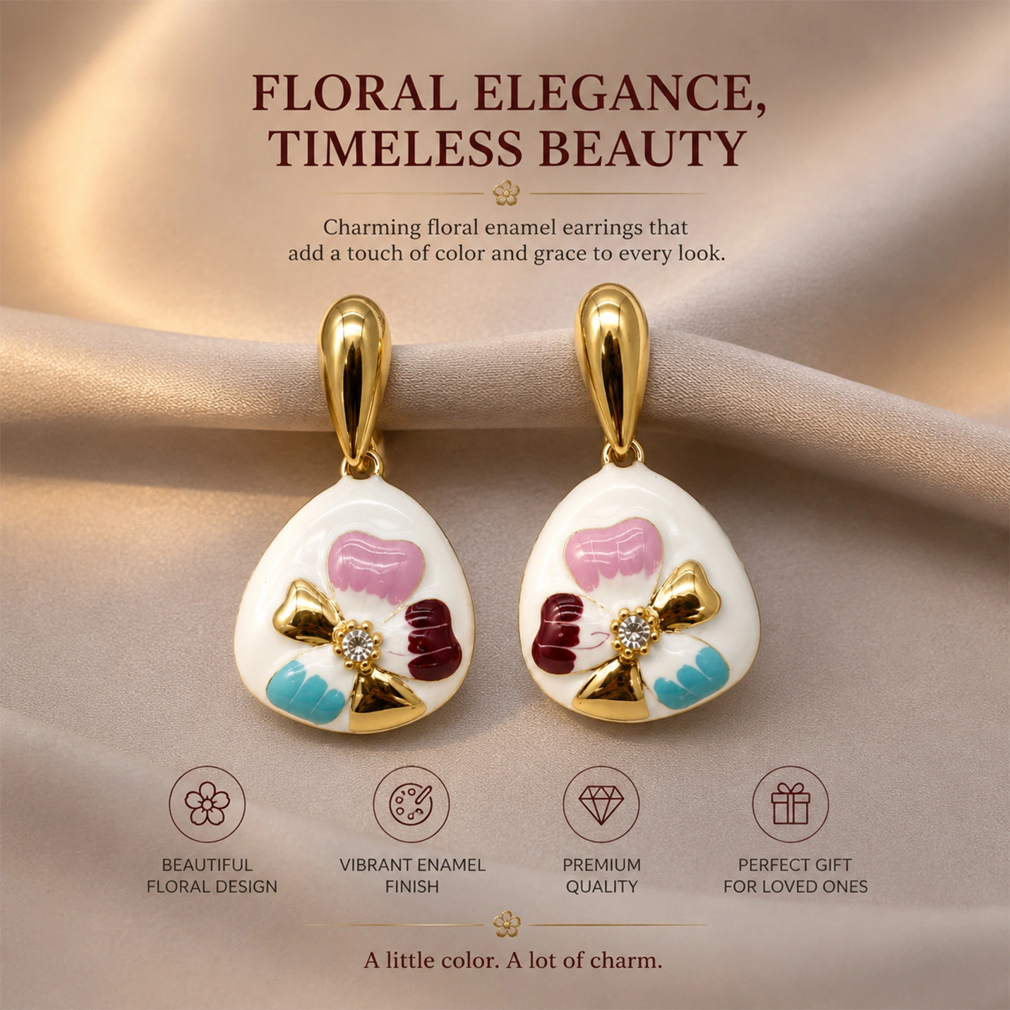 Elegant White Floral Enamel Drop Earrings