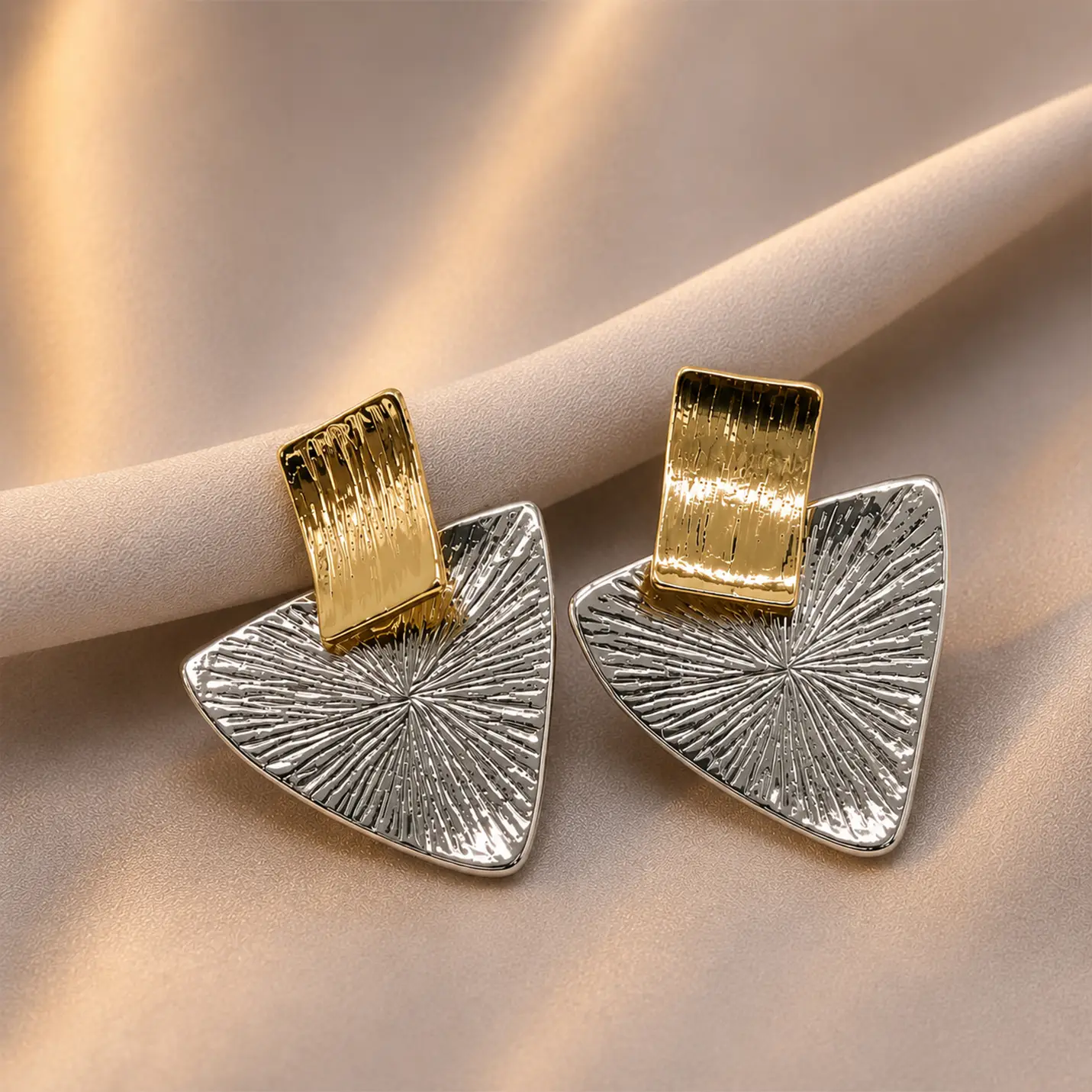 Modern Dual-Tone Geometric Textured Earrings