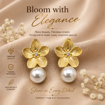 Glamorous Golden Floral Pearl Drop Earrings