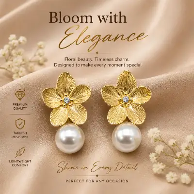 Glamorous Golden Floral Pearl Drop Earrings