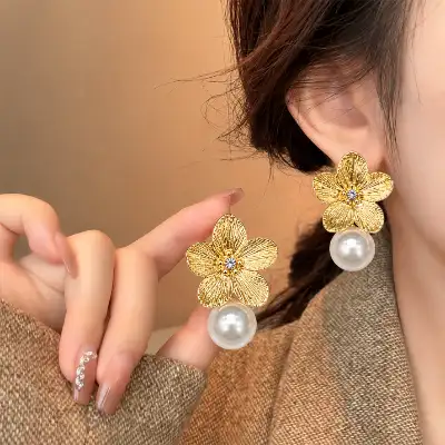 Glamorous Golden Floral Pearl Drop Earrings