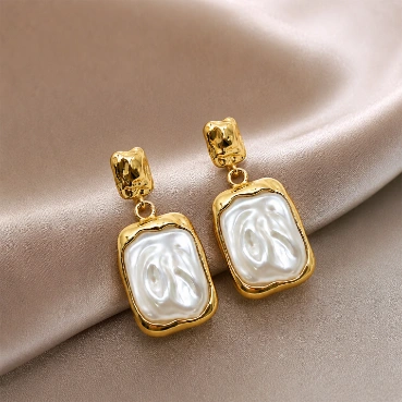 Luxury Gold &amp; Pearl Rectangle Drop Earrings