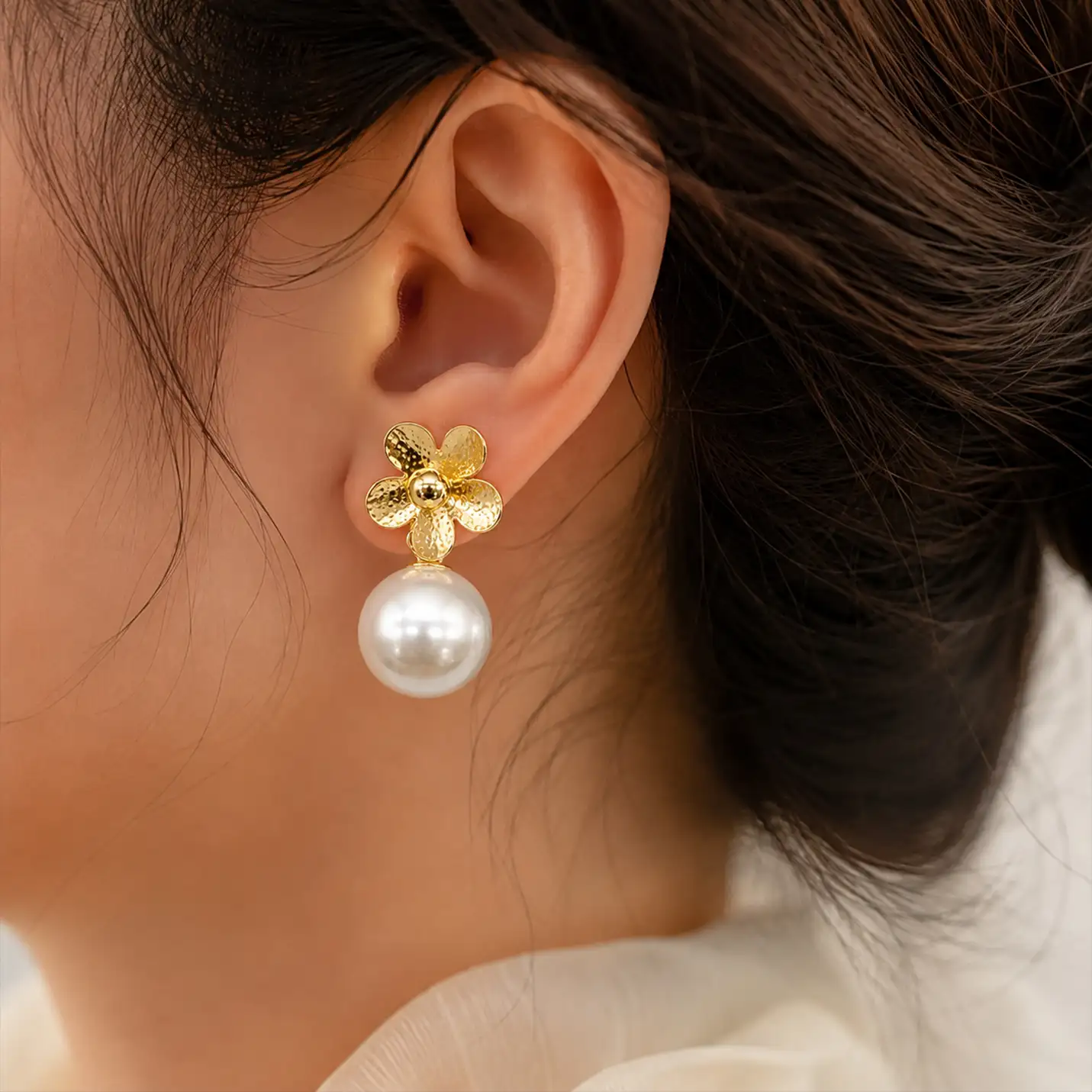 Vintage-Inspired Golden Bloom Pearl Drop Earrings