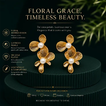 Nature-Inspired Gold Floral Pearl Drop Earrings