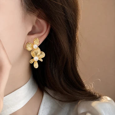 Nature-Inspired Gold Floral Pearl Drop Earrings