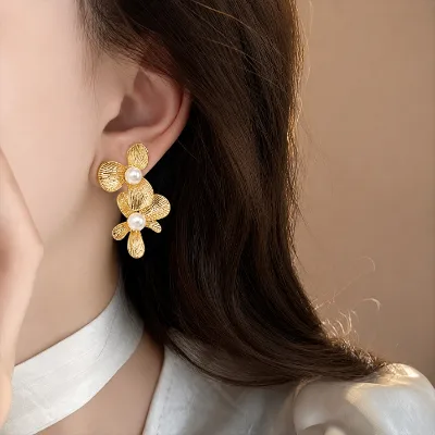 Nature-Inspired Gold Floral Pearl Drop Earrings