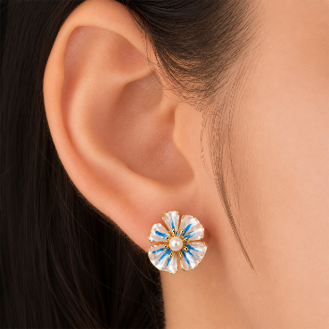 Blue &amp; White Enamel Floral Pearl Stud Earrings