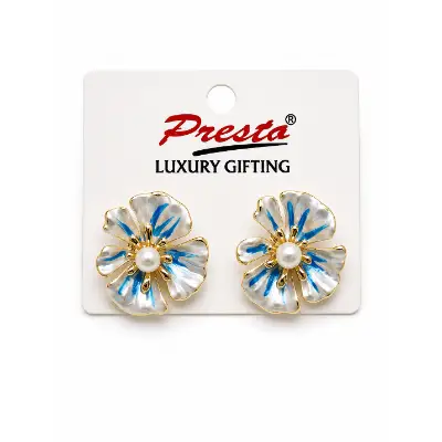 Blue & White Enamel Floral Pearl Stud Earrings