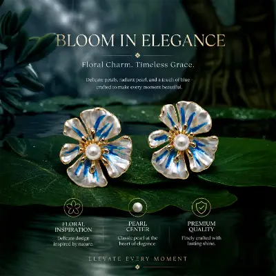 Blue & White Enamel Floral Pearl Stud Earrings