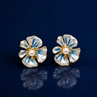Blue & White Enamel Floral Pearl Stud Earrings