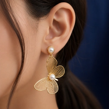 Butterfly-Inspired Gold-Tone Floral Pearl Earrings