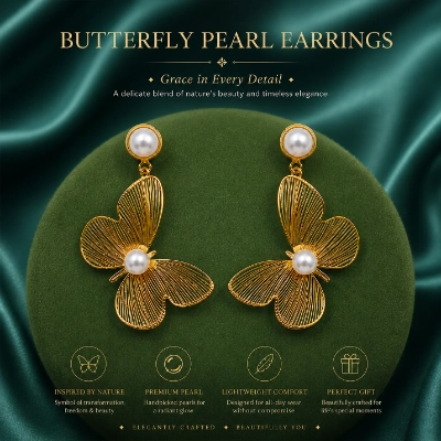 Butterfly-Inspired Gold-Tone Floral Pearl Earrings