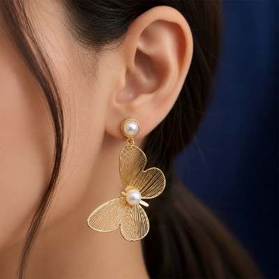 Butterfly-Inspired Gold-Tone Floral Pearl Earrings