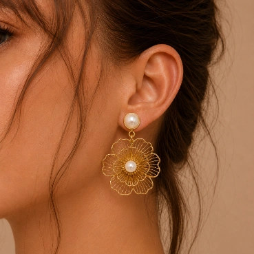 Elegant Gold-Tone Layered Floral Pearl Earrings