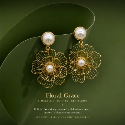 Elegant Gold-Tone Layered Floral Pearl Earrings