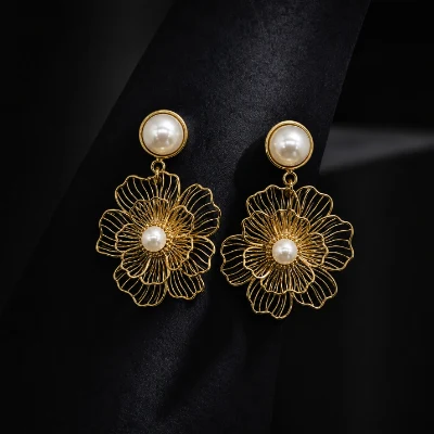 Elegant Gold-Tone Layered Floral Pearl Earrings