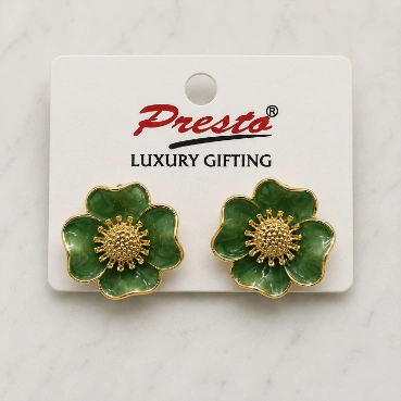 Graceful Green Enamel Floral Gold-Tone Stud Earrings