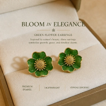 Graceful Green Enamel Floral Gold-Tone Stud Earrings