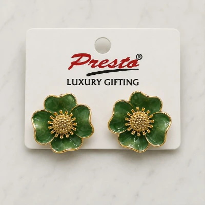 Graceful Green Enamel Floral Gold-Tone Stud Earrings