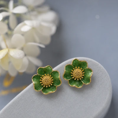 Graceful Green Enamel Floral Gold-Tone Stud Earrings