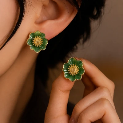 Graceful Green Enamel Floral Gold-Tone Stud Earrings