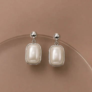 Lustrous Pearl & Silver Geometric Earrings