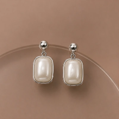 Lustrous Pearl & Silver Geometric Earrings