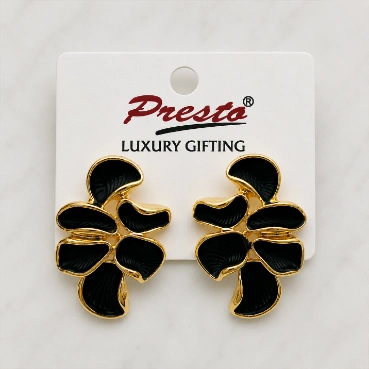 Gorgeous Black Enamel Floral Gold-Tone Earrings