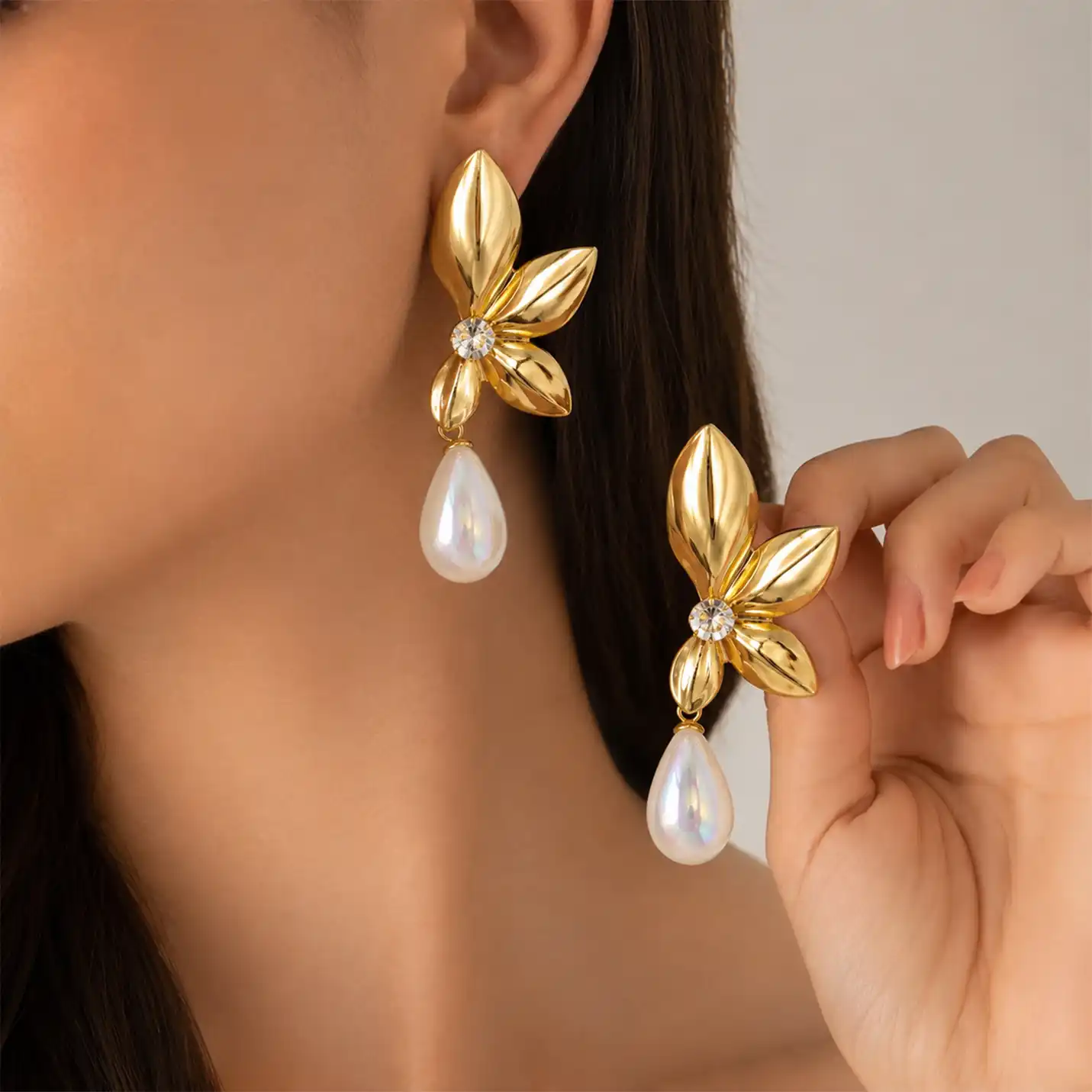 Charming Floral Pearl Drop Gold-Tone Earrings