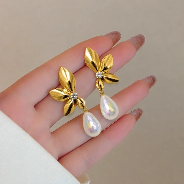 Charming Floral Pearl Drop Gold-Tone Earrings