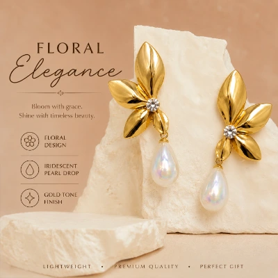 Charming Floral Pearl Drop Gold-Tone Earrings