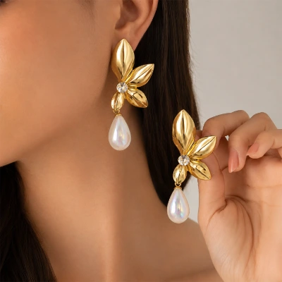 Charming Floral Pearl Drop Gold-Tone Earrings