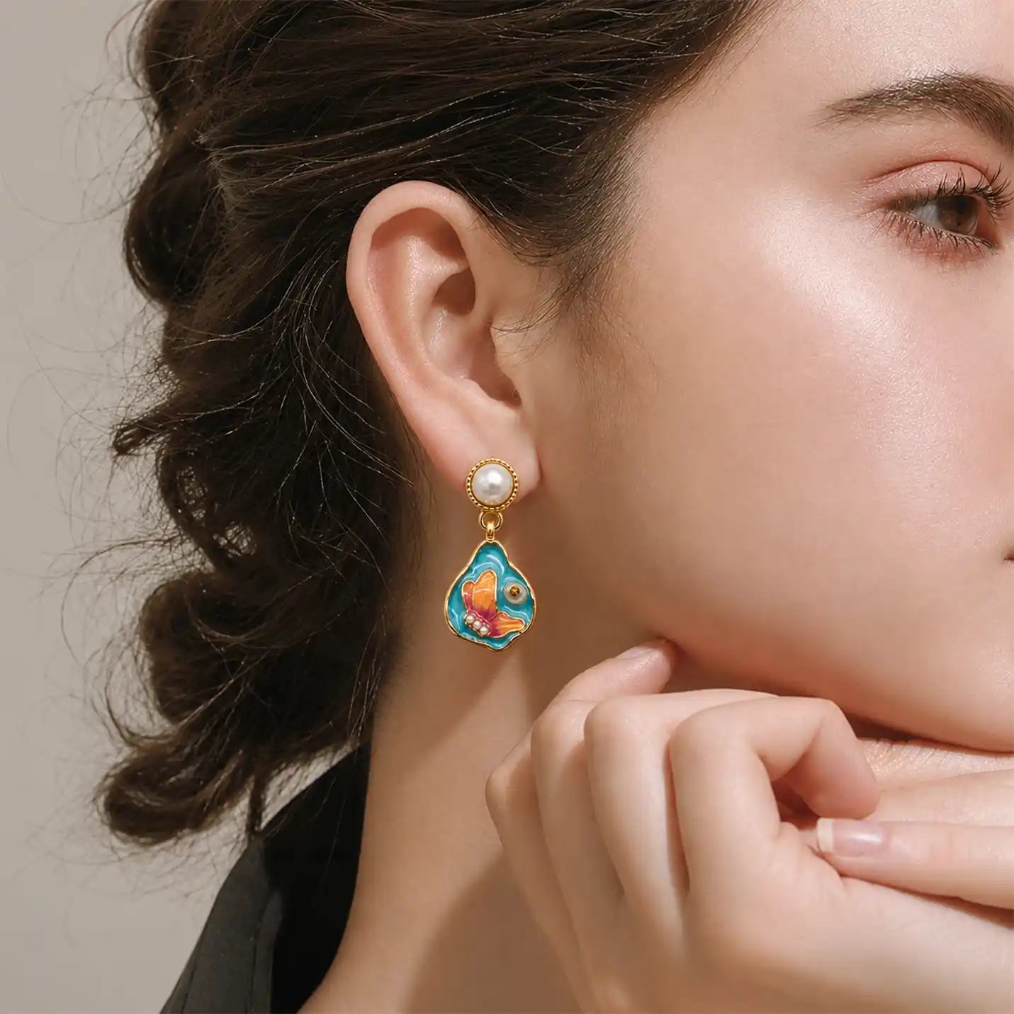 Butterfly Enamel Pearl Gold-Tone Drop Earrings